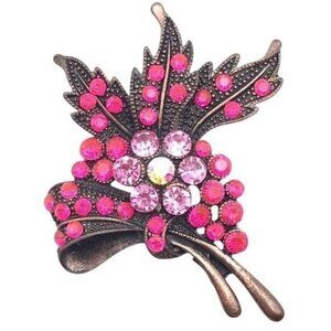 Bouquet Brooch Pink Rhinestones Antiqued Copper  Look 2-1/4" x 2-1/4"